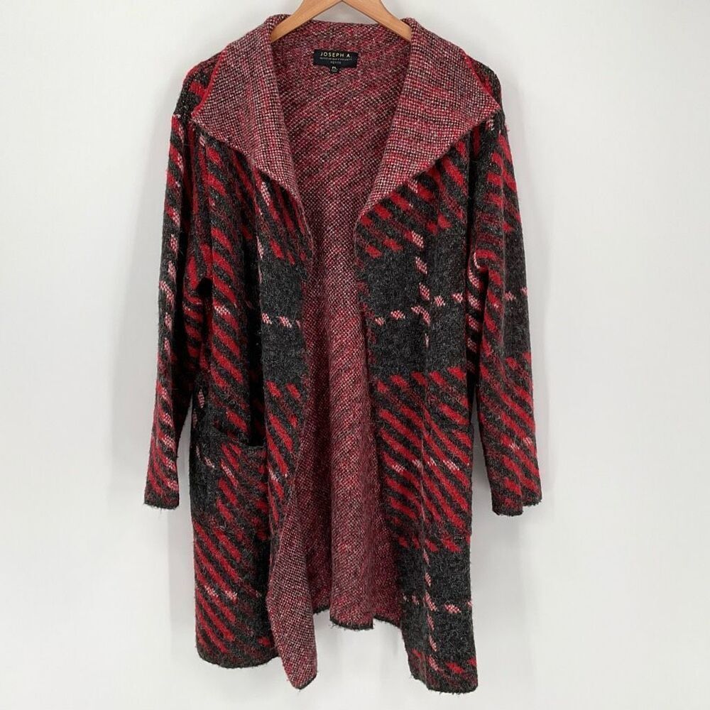 Joseph A. Drape Open Front Cardigan Sweater Large Petite Red Black White‎
